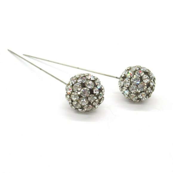 Vintage Rhinestone Cluster Ball Hat Pins Corsage Pins Silver-Tone Metal Set Of 2 - Picture 1 of 10